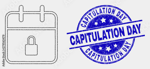 Pixelated lock calendar page mosaic icon and Capitulation Day seal stamp. Blue vector round grunge seal stamp with Capitulation Day title. Vector composition in flat style.