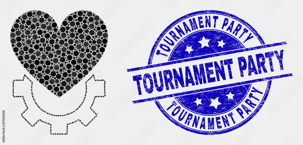 Pixelated love gear mosaic icon and Tournament Party seal stamp. Blue vector rounded scratched seal stamp with Tournament Party text. Vector combination in flat style.