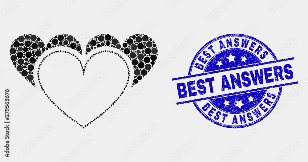 Pixel love hearts mosaic pictogram and Best Answers seal. Blue vector round grunge seal with Best Answers caption. Vector composition in flat style.