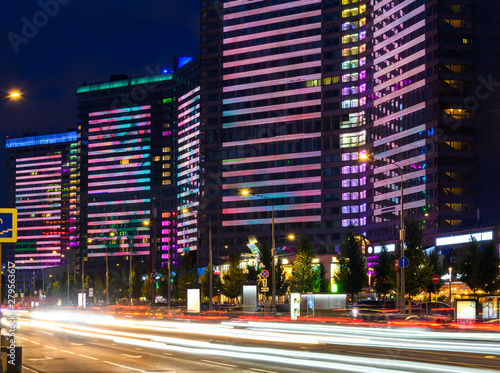 New Arbat street in Moscow, Russia at night, popular landmark.