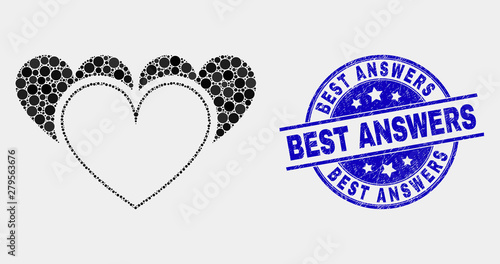 Pixel love hearts mosaic pictogram and Best Answers seal. Blue vector round grunge seal with Best Answers caption. Vector composition in flat style.