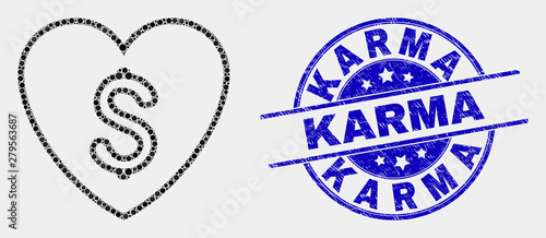 Pixelated love price mosaic icon and Karma seal stamp. Blue vector round scratched stamp with Karma title. Vector composition in flat style. Black isolated love price mosaic of scattered circles,