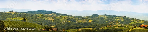 Panorama of Vineyards in south styria in Austria. Landscape of Leibnitz area from Kogelberg.