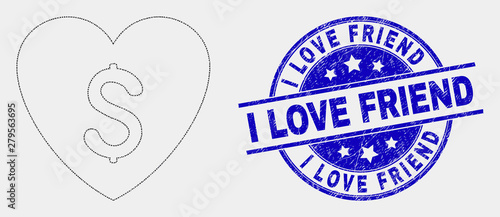 Pixelated love price mosaic pictogram and I Love Friend seal stamp. Blue vector rounded textured seal with I Love Friend message. Vector combination in flat style.