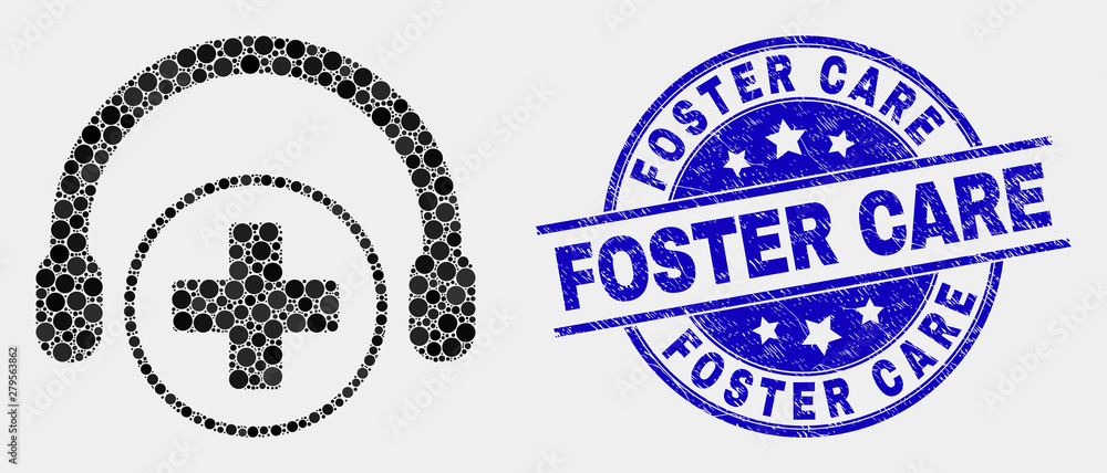 Obraz premium Pixel medical assistance headphones mosaic pictogram and Foster Care seal stamp. Blue vector round distress seal stamp with Foster Care message. Vector combination in flat style.