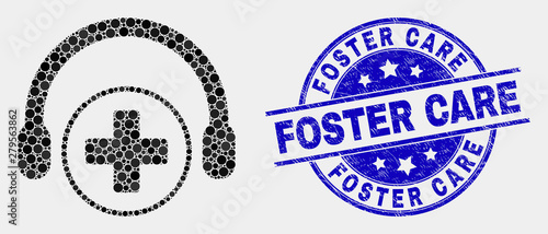 Pixel medical assistance headphones mosaic pictogram and Foster Care seal stamp. Blue vector round distress seal stamp with Foster Care message. Vector combination in flat style.