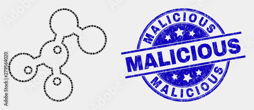 Pixel microbes mosaic icon and Malicious seal. Blue vector rounded textured seal stamp with Malicious phrase. Vector combination in flat style.