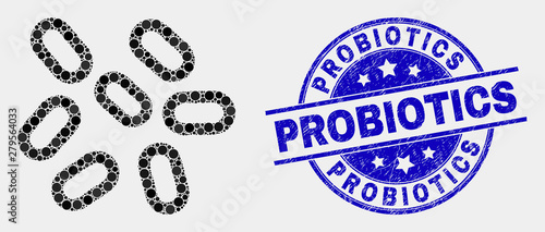 Dotted microbes mosaic pictogram and Probiotics seal stamp. Blue vector rounded grunge seal stamp with Probiotics caption. Vector combination in flat style.