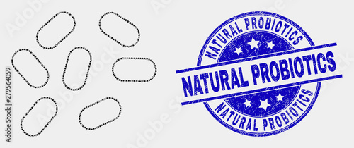 Dotted microbes mosaic pictogram and Natural Probiotics seal. Blue vector rounded scratched stamp with Natural Probiotics title. Vector composition in flat style.