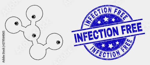 Dot microbes mosaic pictogram and Infection Free stamp. Blue vector rounded distress seal stamp with Infection Free phrase. Vector composition in flat style.