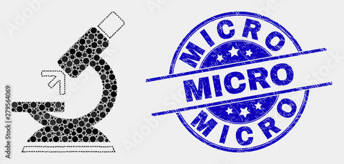 Pixelated microscope mosaic icon and Micro stamp. Blue vector rounded textured stamp with Micro text. Vector collage in flat style. Black isolated microscope mosaic of scattered circles,