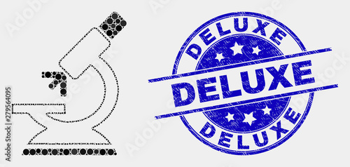 Dotted microscope mosaic pictogram and Deluxe stamp. Blue vector rounded distress stamp with Deluxe caption. Vector composition in flat style. Black isolated microscope mosaic of random dots,