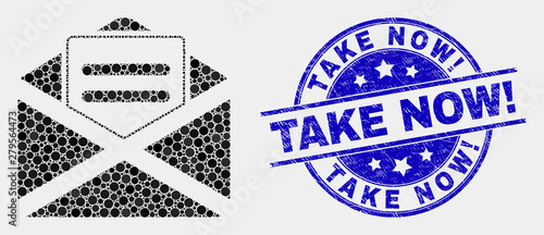 Pixelated open mail mosaic icon and Take Now! seal. Blue vector round distress seal stamp with Take Now! title. Vector combination in flat style. Black isolated open mail mosaic of randomized dots,