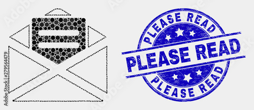 Dotted open mail mosaic pictogram and Please Read seal stamp. Blue vector rounded scratched seal stamp with Please Read text. Vector collage in flat style.