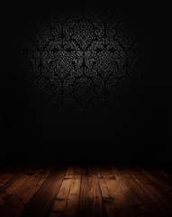 dark interior room with baroque wallpaper