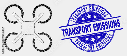 Pixel quadcopter mosaic pictogram and Transport Emissions seal. Blue vector round textured seal stamp with Transport Emissions phrase. Vector collage in flat style.