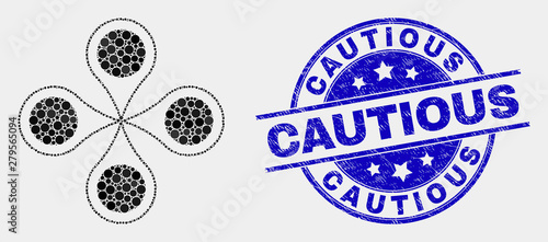 Pixel quadrocopter mosaic pictogram and Cautious seal stamp. Blue vector round grunge seal stamp with Cautious phrase. Vector composition in flat style.