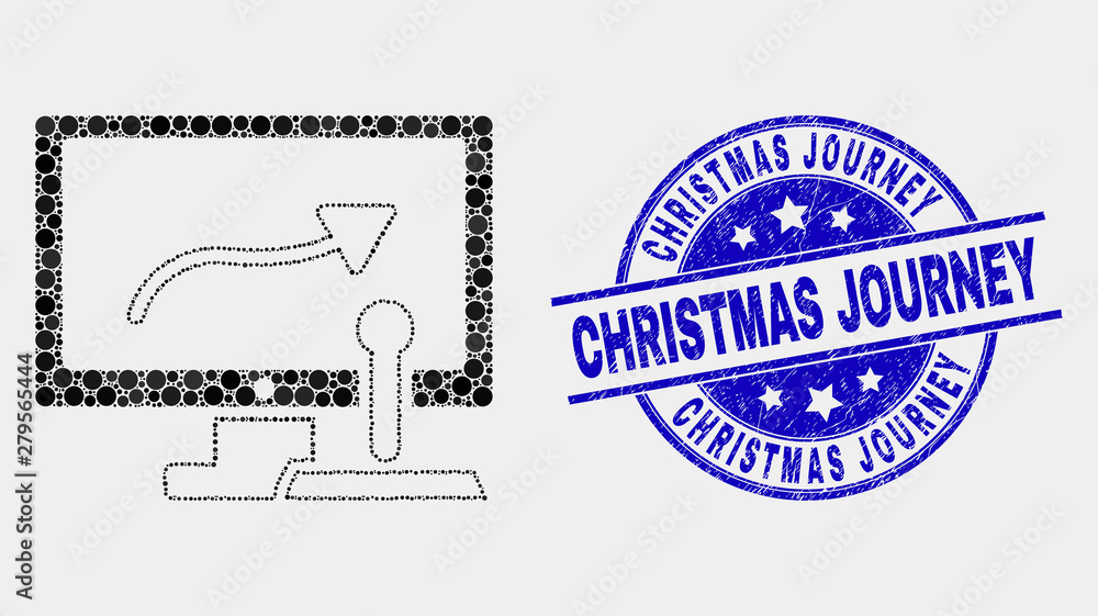 Pixel remote control display mosaic pictogram and Christmas Journey seal stamp. Blue vector round scratched seal with Christmas Journey text. Vector collage in flat style.