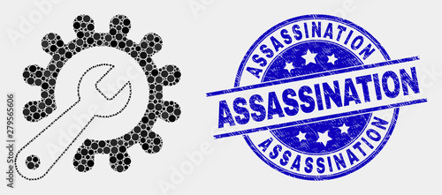 Dot repair tools mosaic icon and Assassination watermark. Blue vector round scratched seal stamp with Assassination message. Vector composition in flat style.