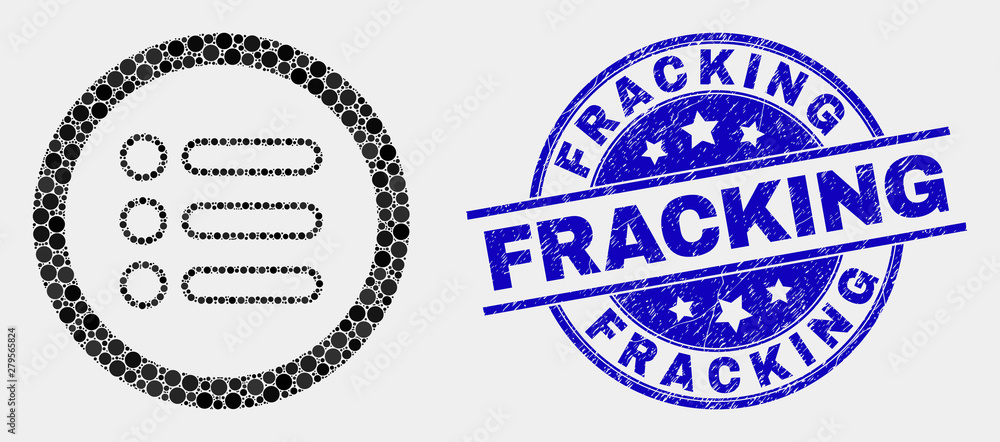 Pixel rounded items mosaic icon and Fracking seal stamp. Blue vector rounded distress seal stamp with Fracking title. Vector composition in flat style.