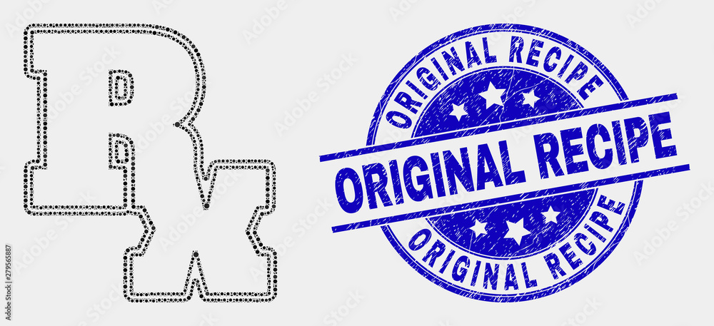 Obraz premium Dotted Rx symbol mosaic pictogram and Original Recipe seal stamp. Blue vector round distress stamp with Original Recipe title. Vector composition in flat style.
