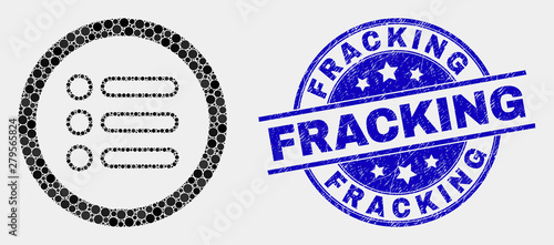 Pixel rounded items mosaic icon and Fracking seal stamp. Blue vector rounded distress seal stamp with Fracking title. Vector composition in flat style.