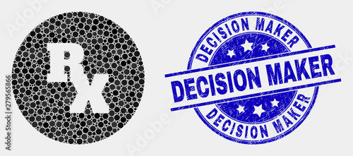 Pixel RX receipt symbol mosaic pictogram and Decision Maker seal. Blue vector round distress seal stamp with Decision Maker caption. Vector combination in flat style.