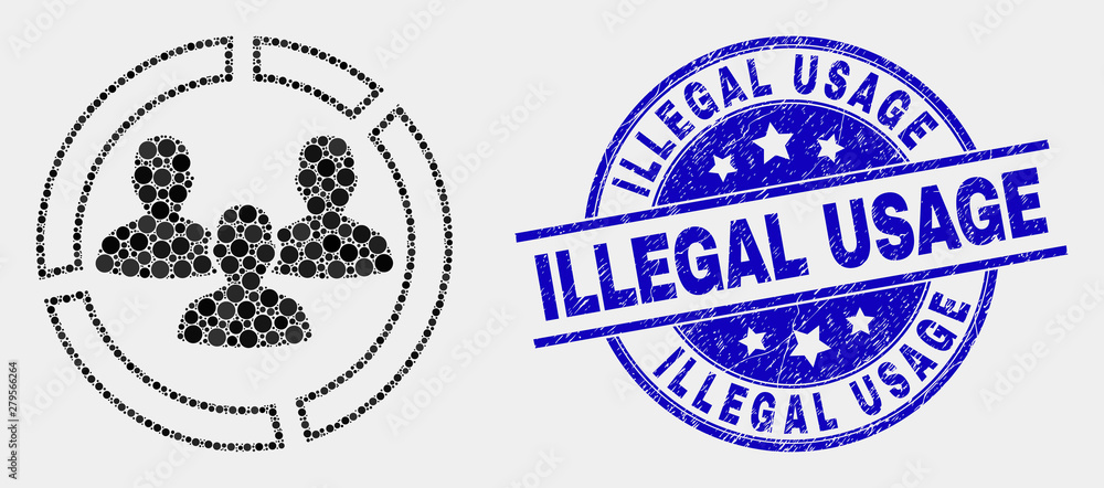Pixelated social pie chart mosaic pictogram and Illegal Usage seal stamp. Blue vector round scratched seal with Illegal Usage caption. Vector combination in flat style. Pixelated social pie chart mosaic pictogram and Illegal Usage seal stamp. Blue vector round scratched seal with Illegal Usage caption. Vector combination in flat style.