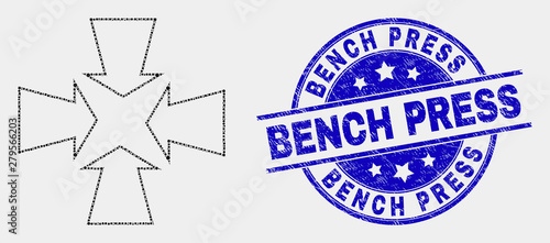 Pixel shrink arrows mosaic icon and Bench Press seal. Blue vector round textured seal stamp with Bench Press text. Vector composition in flat style.