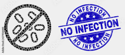 Dot stop microbes mosaic icon and No Infection seal stamp. Blue vector rounded scratched seal stamp with No Infection caption. Vector combination in flat style.