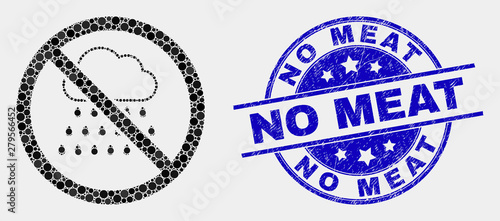 Pixelated stop rain mosaic icon and No Meat seal stamp. Blue vector round scratched seal stamp with No Meat text. Vector composition in flat style.