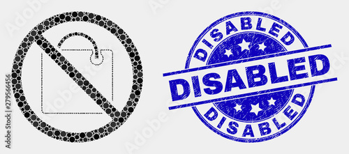 Pixelated stop shopping mosaic icon and Disabled seal. Blue vector rounded scratched seal with Disabled message. Vector collage in flat style.