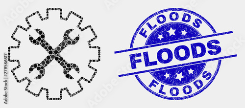 Pixel tools gear mosaic pictogram and Floods seal stamp. Blue vector rounded grunge seal with Floods phrase. Vector collage in flat style. Black isolated tools gear mosaic of scattered dots,