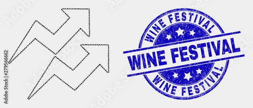 Pixelated trend arrows mosaic icon and Wine Festival seal stamp. Blue vector round distress seal with Wine Festival title. Vector collage in flat style.