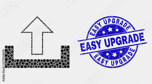 Dot upload mosaic icon and Easy Upgrade seal. Blue vector round distress seal stamp with Easy Upgrade message. Vector collage in flat style. Black isolated upload mosaic of randomized spheres,