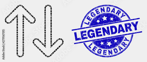 Pixelated vertical exchange arrows mosaic icon and Legendary seal stamp. Blue vector round textured seal with Legendary text. Vector combination in flat style.