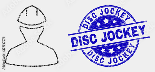Pixelated worker mosaic icon and Disc Jockey seal stamp. Blue vector rounded distress seal stamp with Disc Jockey message. Vector combination in flat style.
