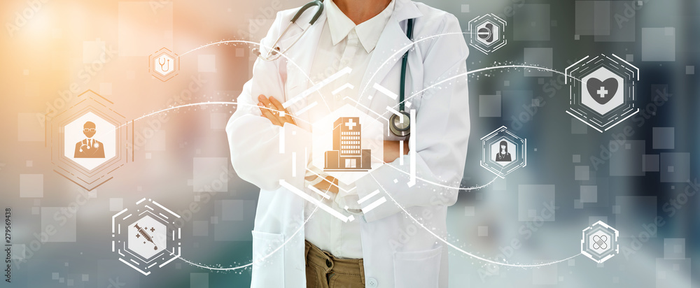Fototapeta Medical Healthcare Concept - Doctor in hospital with digital medical icons graphic banner showing symbol of medicine, medical care people, emergency service network, doctor data of patient health.