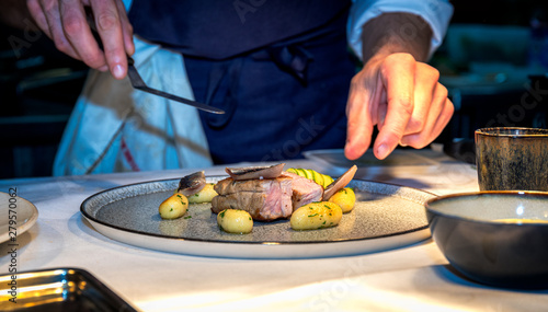 Chef preparing luxury meal made of meat and gnocchies