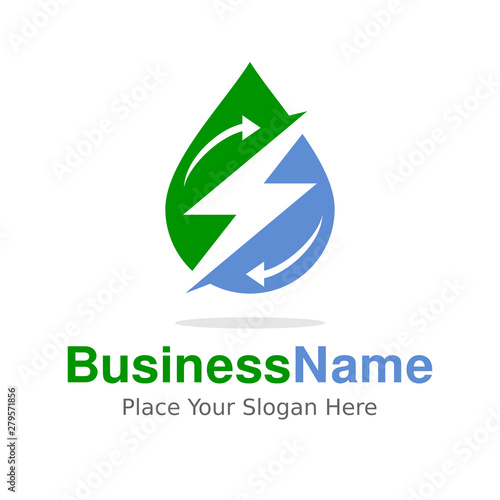 Blue water drop with green leaf ecology vector logo design.  Vector design with  electricity icon. This logo is suitable for building, power, plug, bio, nature, flash, energy, thunder and technology.