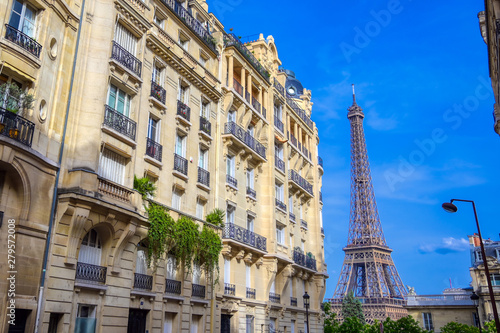 A view of the Eiffel Tower from the streets of Paris, France. © Jbyard