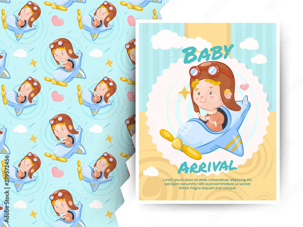 Little boy riding air plane toy. Baby arrival card and pattern Little boy riding air plane toy. Baby arrival card and pattern