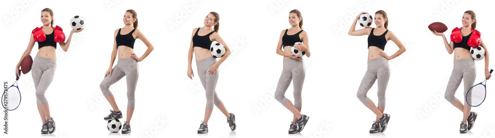 Young woman with football, rugby ball, boxing gloves and tennis Young woman with football, rugby ball, boxing gloves and tennis