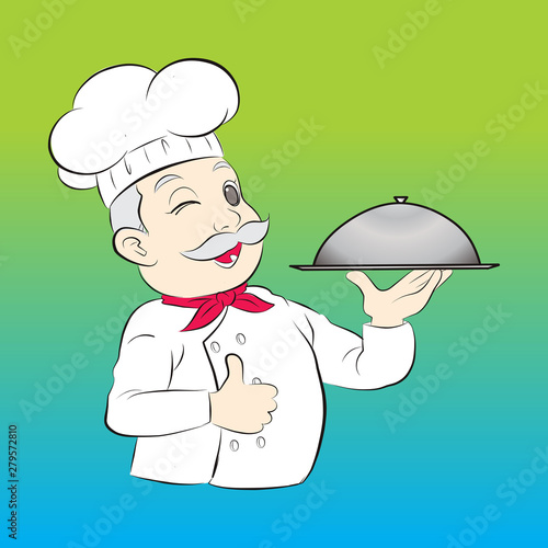 old cute chef show thumb finger and hold a serving tray. vector illustration isolated cartoon hand drawn background.