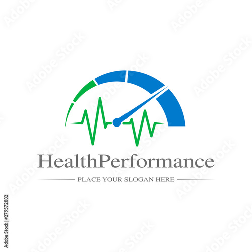 Health performance logo. With speed meter symbol. This logo is suitable for medical, medicine vector business. 