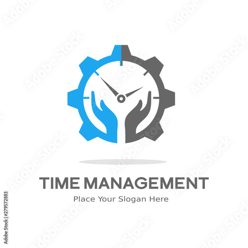 Time management logo with hand, clock and gear symbol. This vector template is suitable for business and planning something.