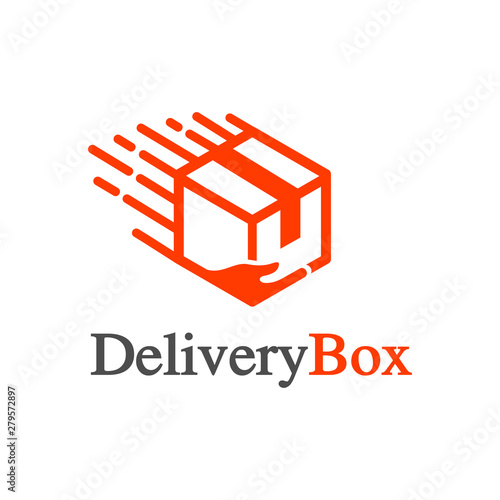 Delivery box logo with hand and fast symbol. This vector is suitable for store, shop and business. 