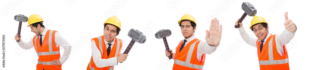 Construction worker with hammer isolated on white