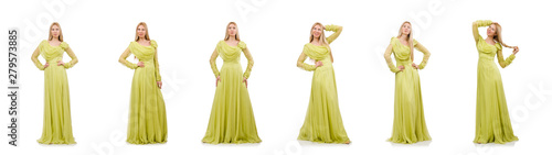 Young woman in elegant long green dress isolated on white