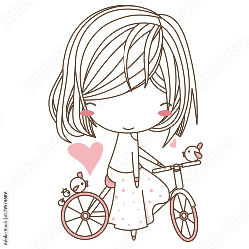 Cute little girl ride bicycle together with little chick, isolate with white background. Vector illustration, character design - Vector